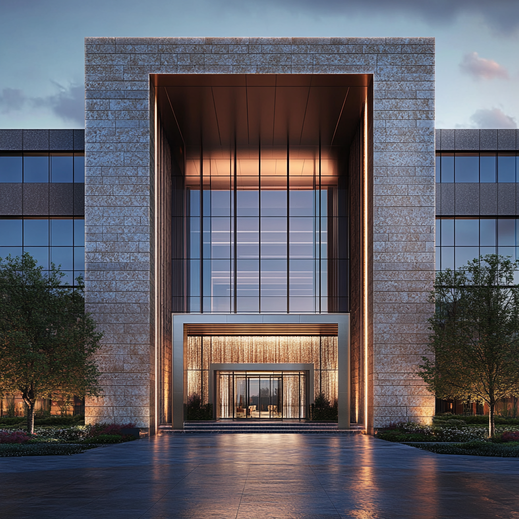 A Modern Stone Building with Lighted Lobby