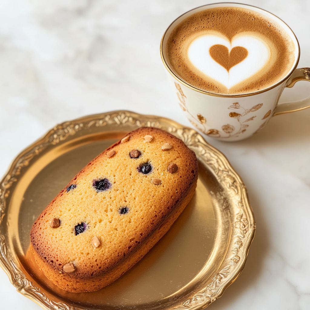 A Moist Almond Cake and Latte on Golden Plate