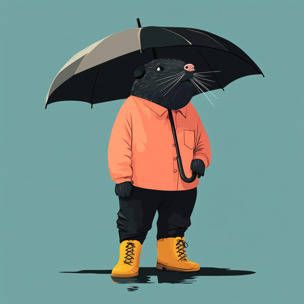 A Mole Character Under Umbrella - Flat Illustration