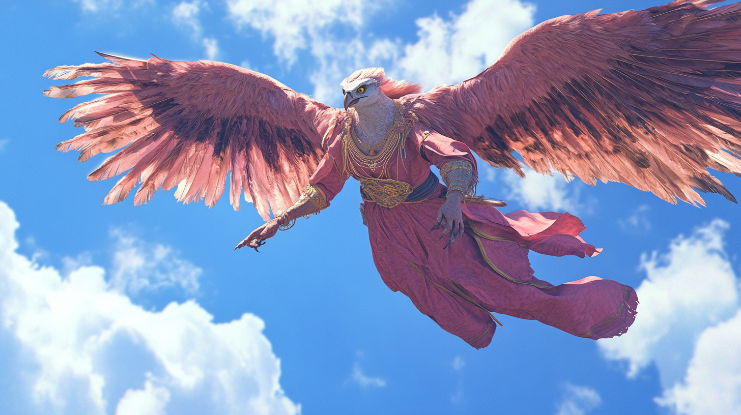 A Monk Bird Lady Flying in Pink Robes