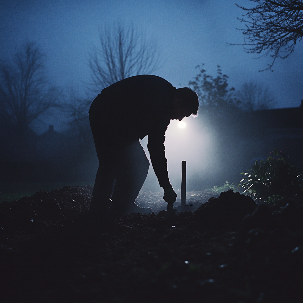 A Moody Night: Man Digging Grave Silhouette