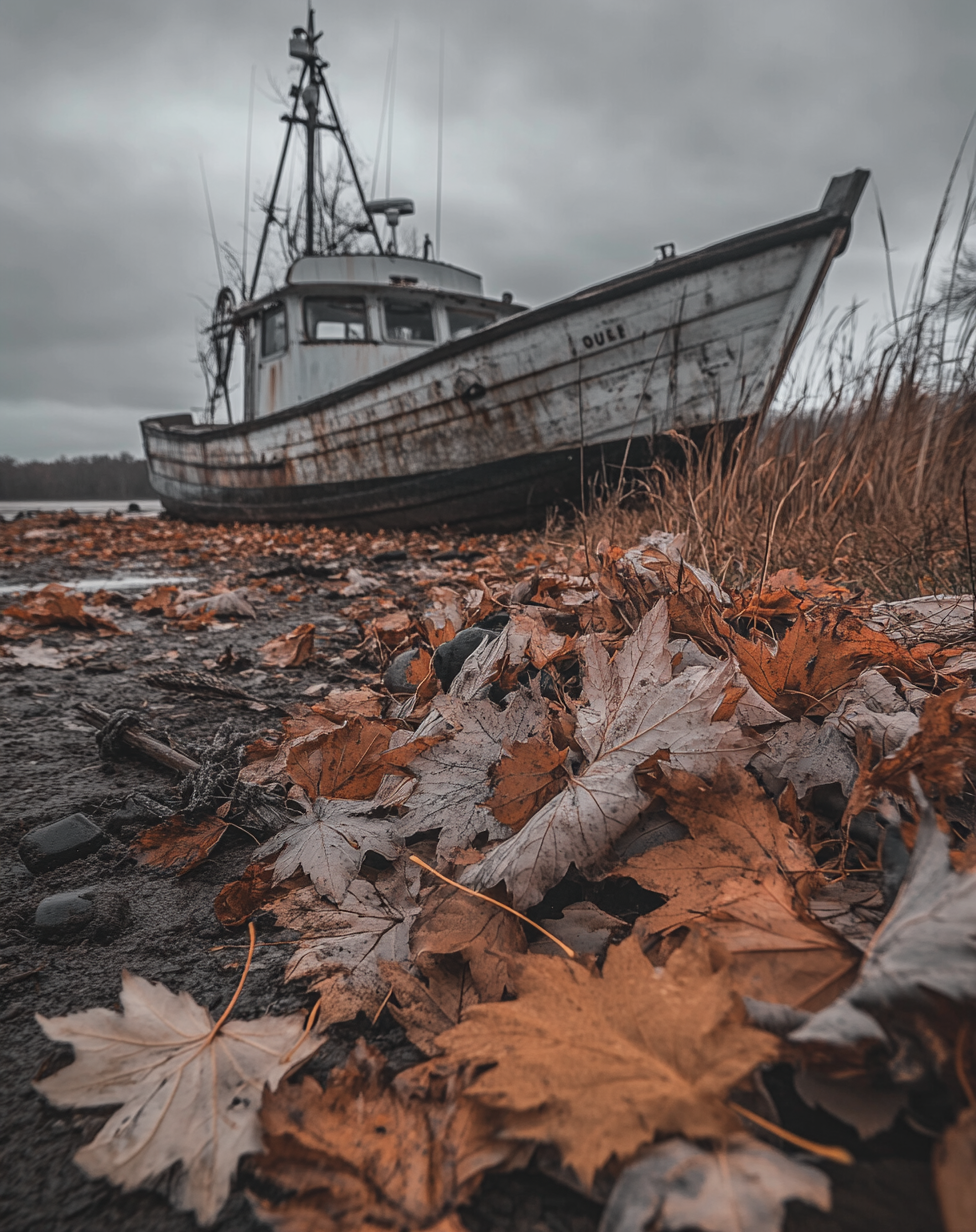 A Moody Scene: Maple Leaves, Old Boat, Cloudy Sky