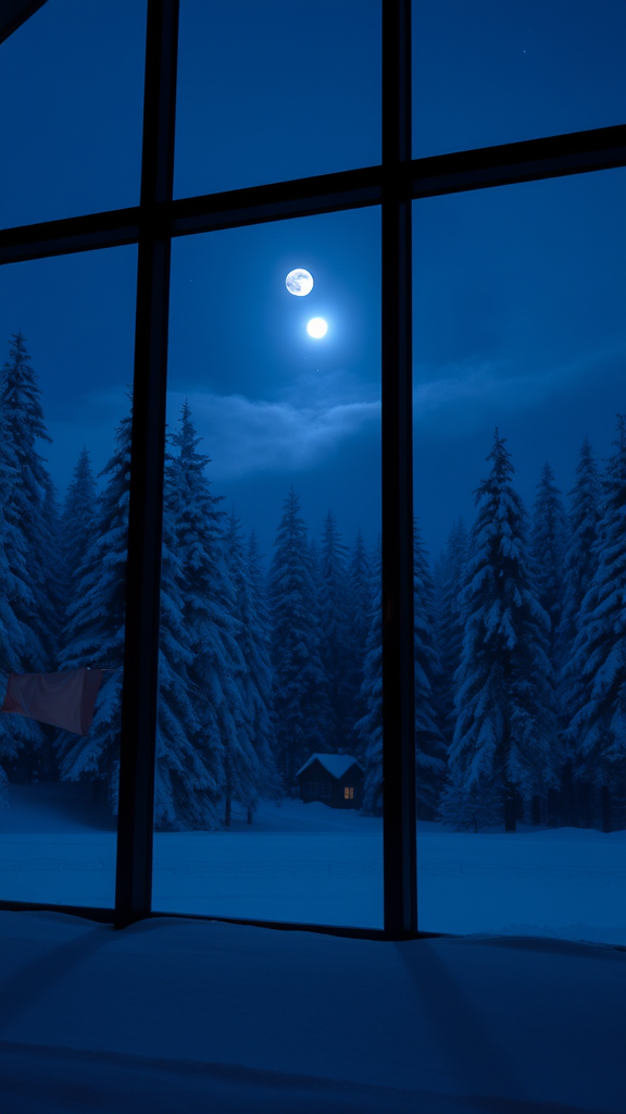 A Moonlit Snowy Forest Seen from Glass Windows