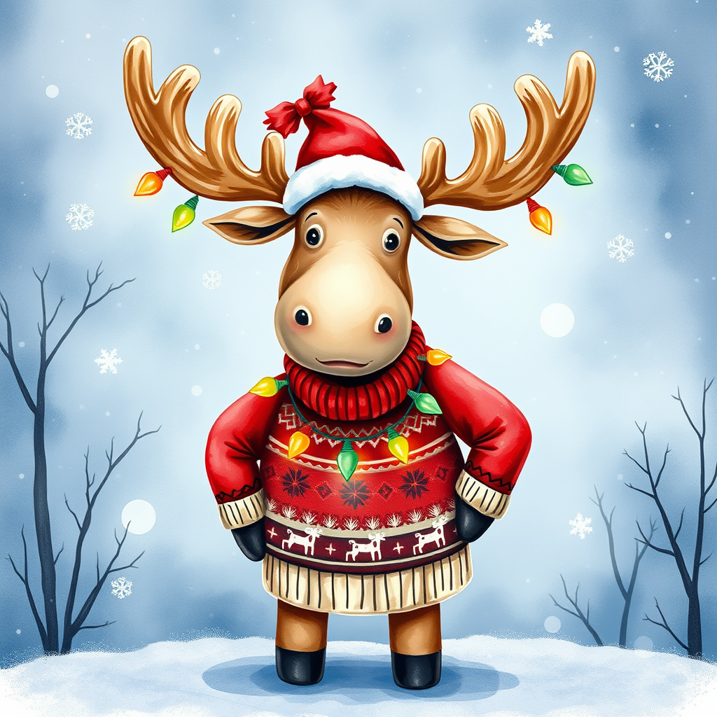 A Moose in Christmas Sweater on Winter Background