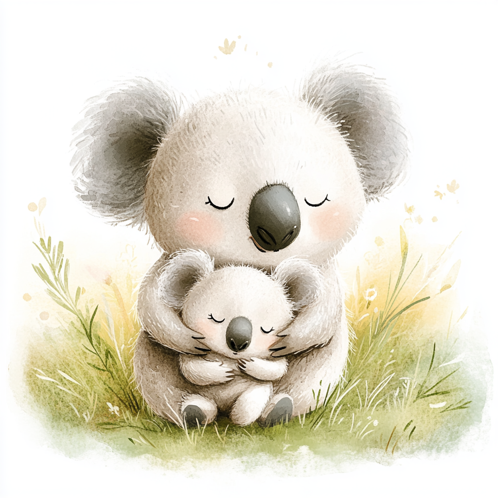 A Mother Koala Holds Baby in Watercolor