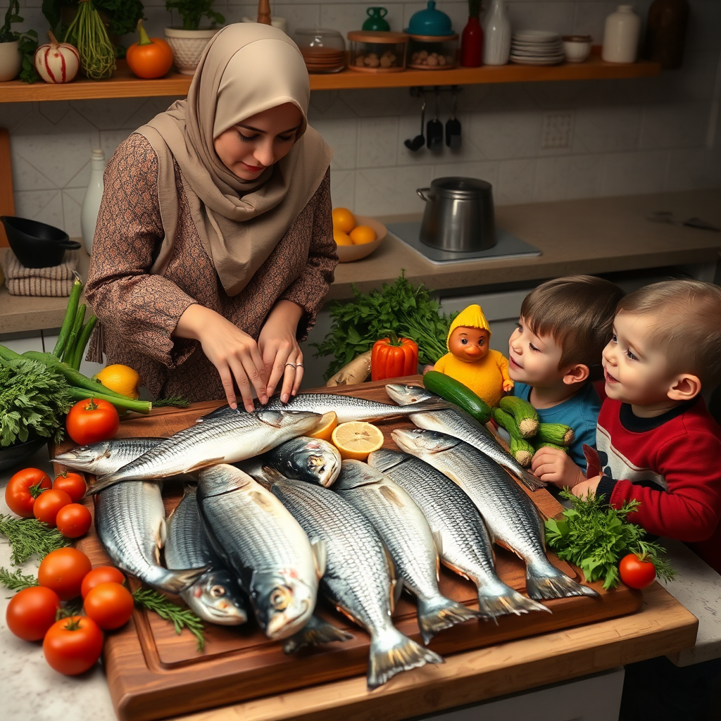 A Mother and Child Prepare Seabass in Kitchen.