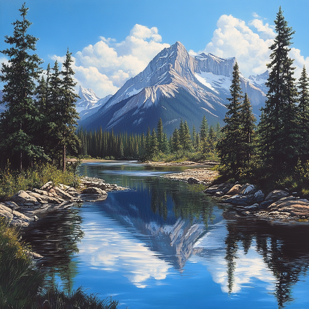 A Mountain Scene with River, Peaks, Pine Trees