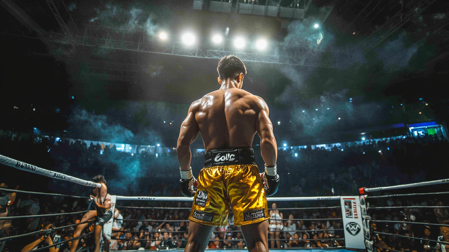 A Muay Thai fighter leaving the ring victorious