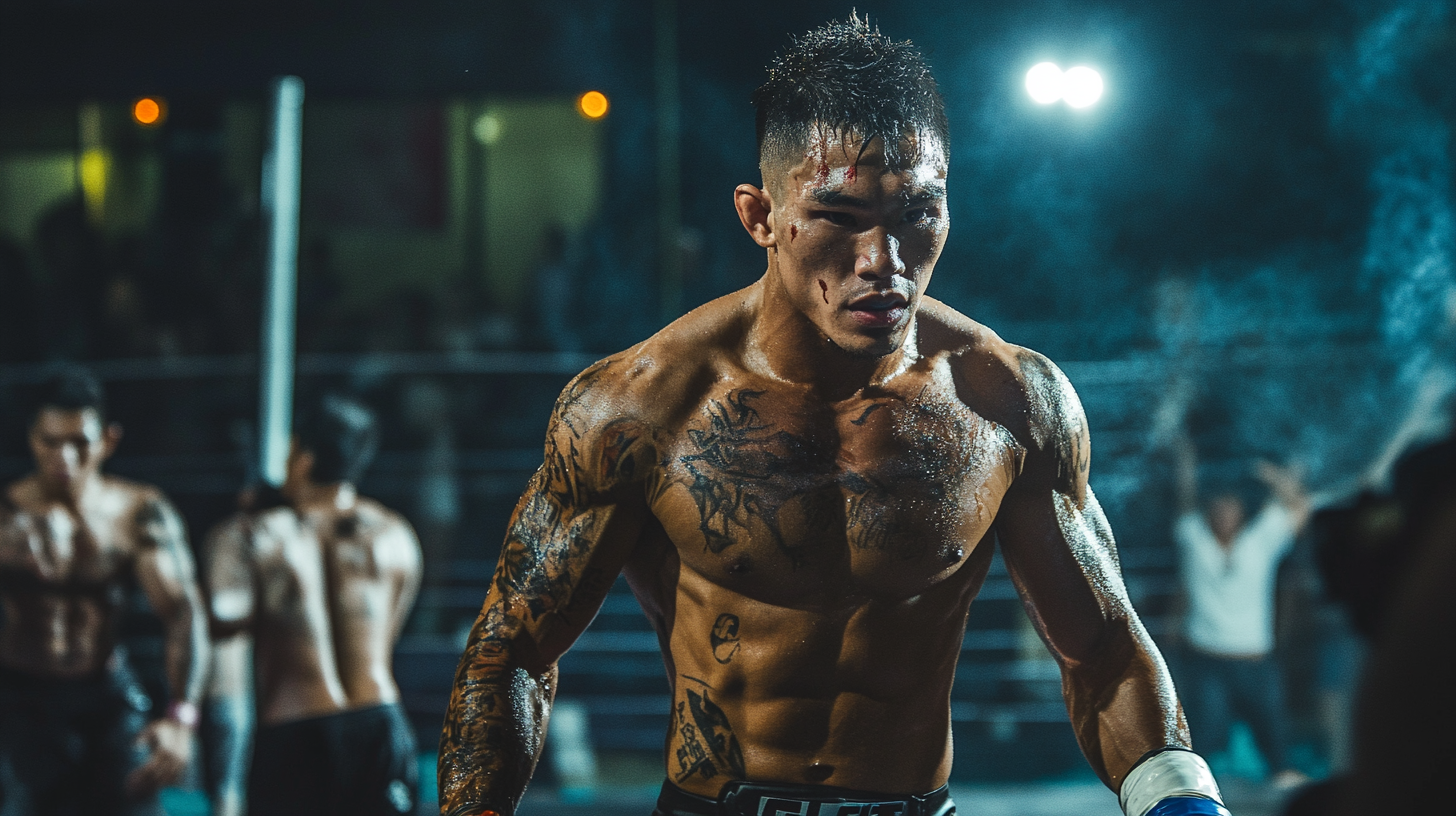 A Muay Thai fighter leaving the ring victoriously