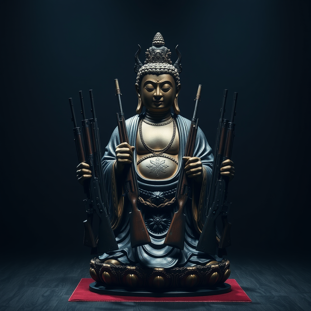 A Multi-Handed Buddha Statue Holding Rifles