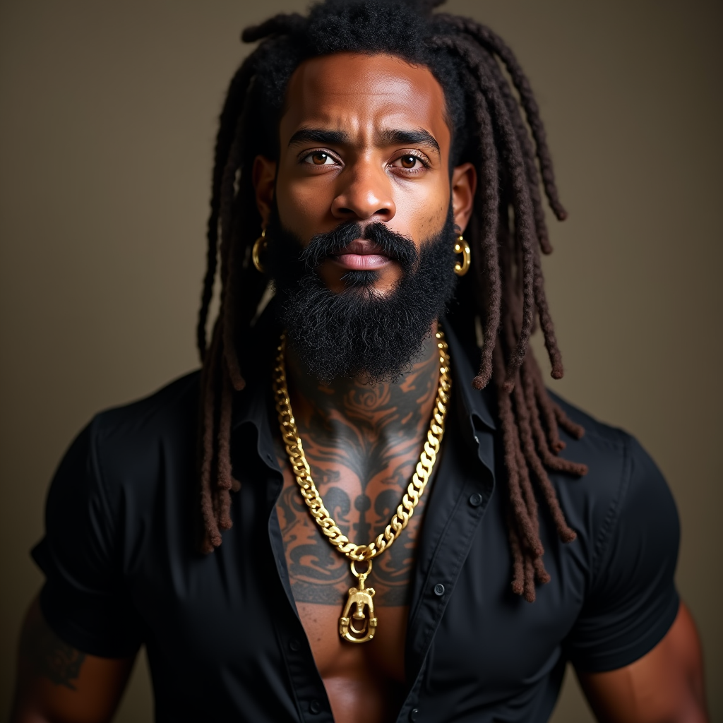 A Muscular Jamaican Man with Dreadlocks and Tattoos