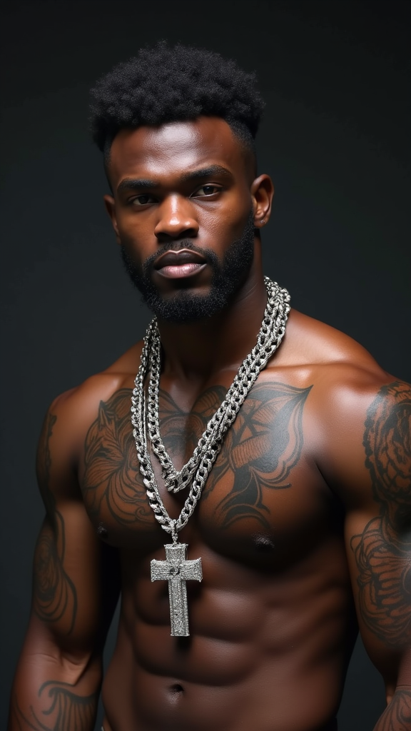 A Muscular Man with Tattoos Wearing Diamond Chain
