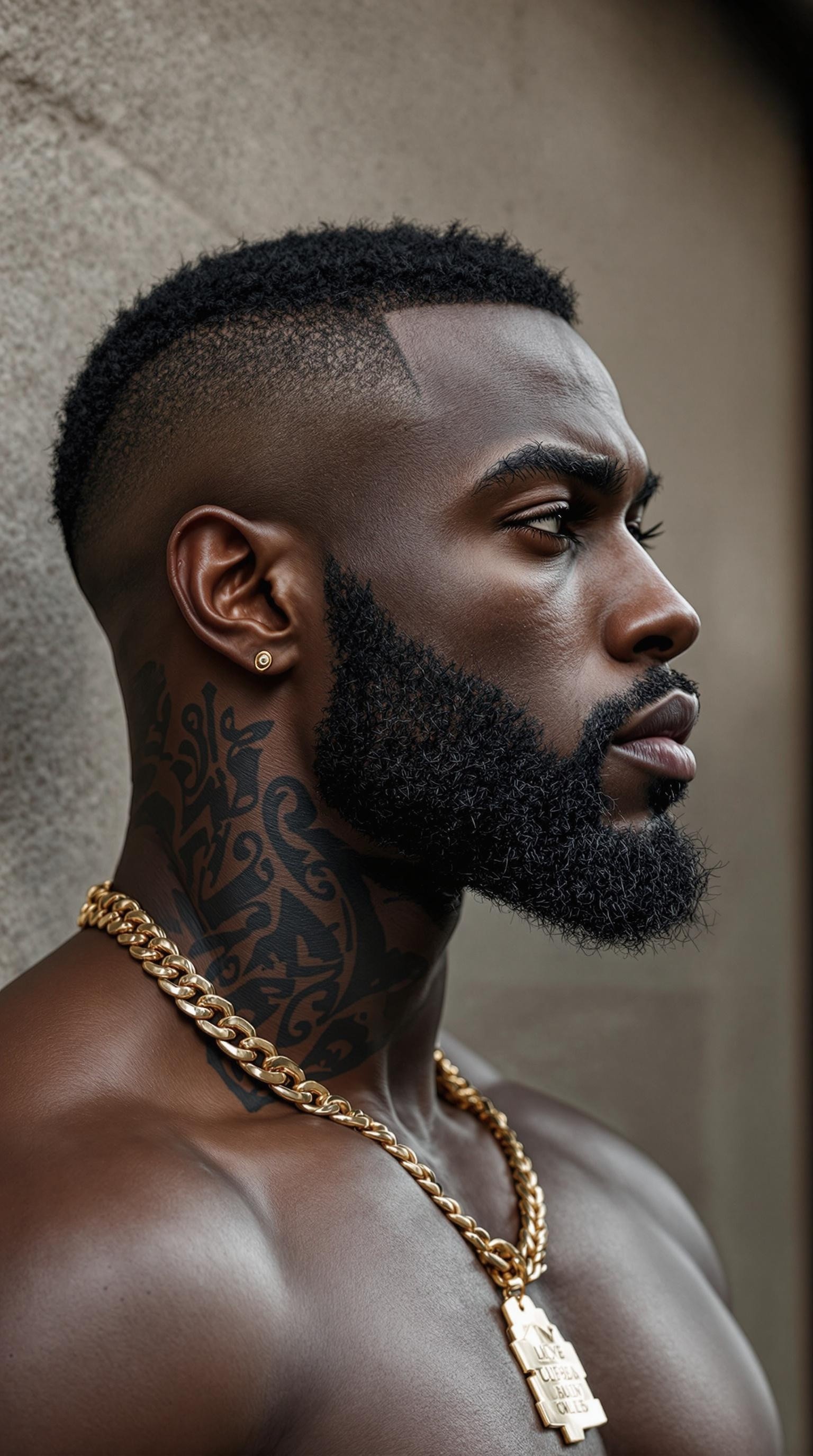 A Muscular Man with Tattoos and Gold Chain