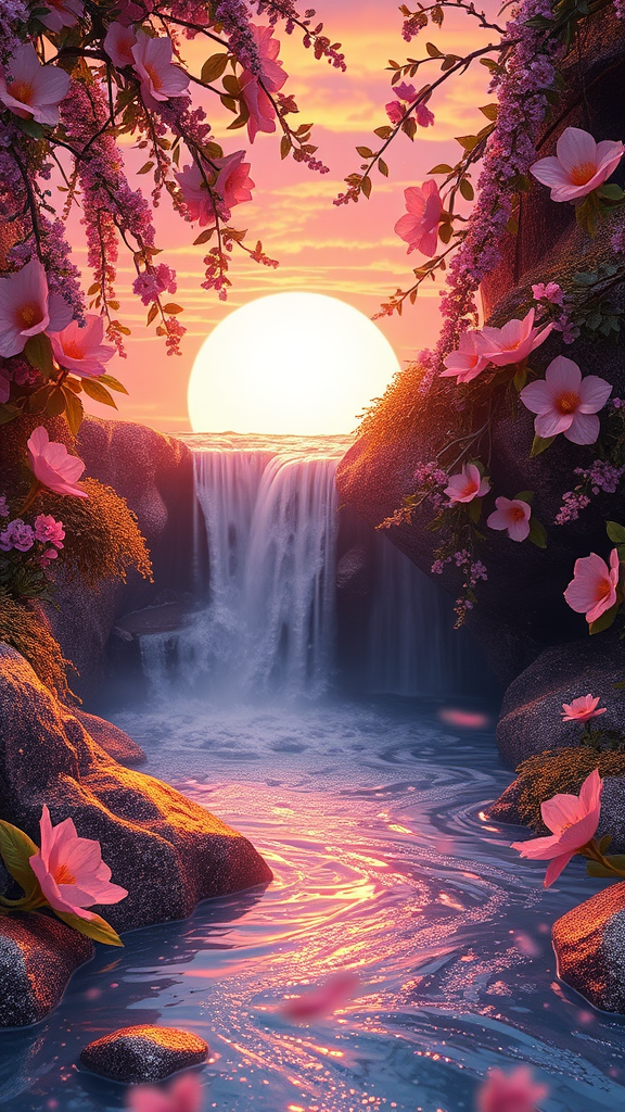 A Mystical Sunset Waterfall with 3D Flowers