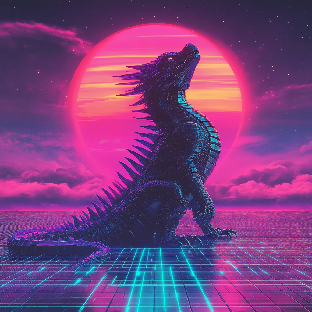 A Neon Synthwave Dragon in 80s Style Sunset