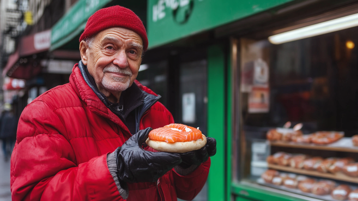 A New Yorker with red clothes holds special sushi bagel.