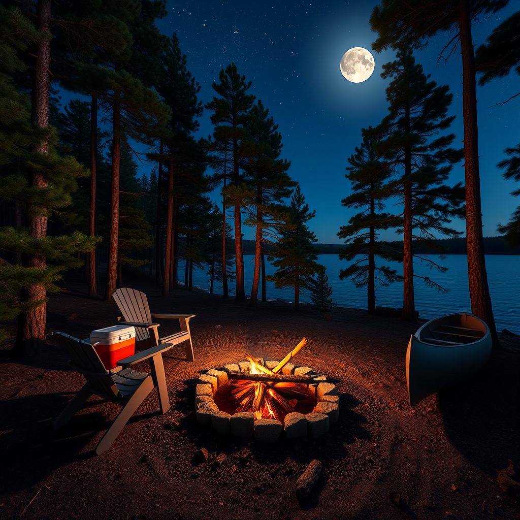 A Nighttime Lakeside Campsite Under the Full Moon