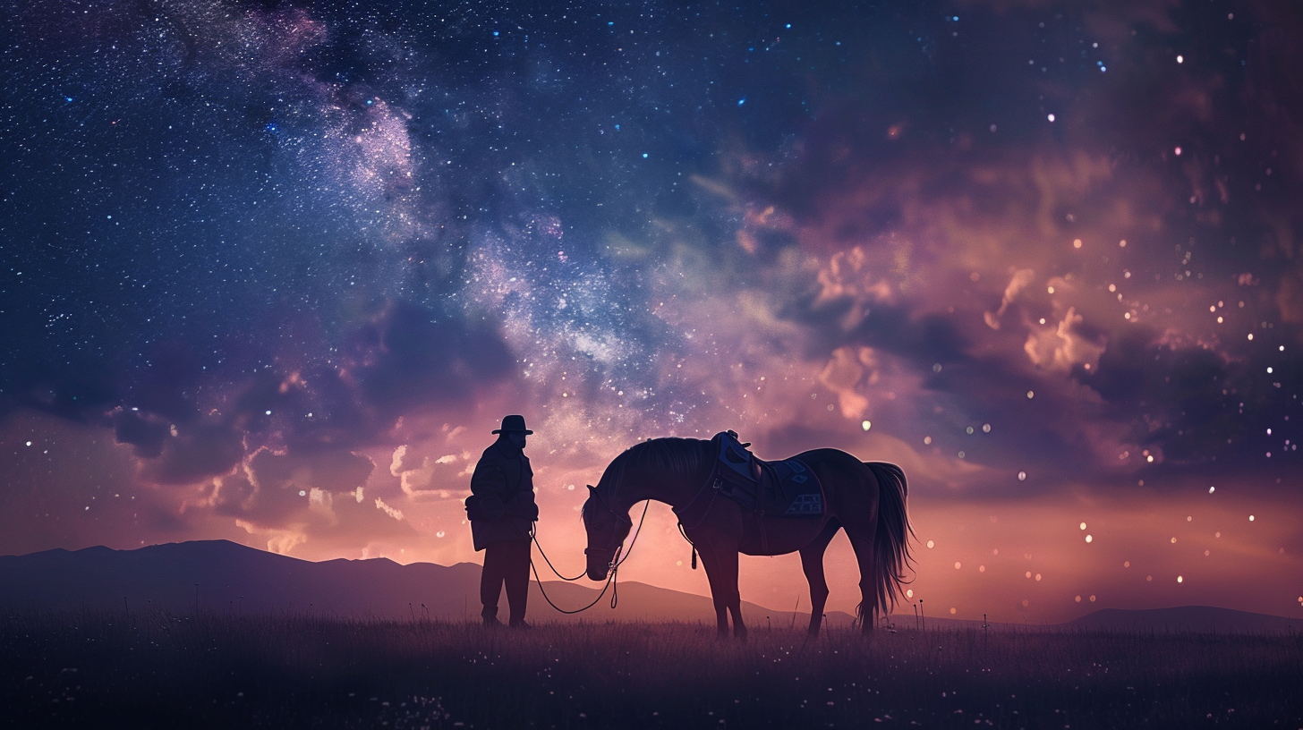 A Nomad Man and Horse in Starry Sky