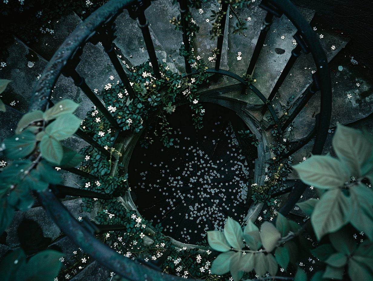 A Nostalgic Spiral Staircase Under Summer Foliage