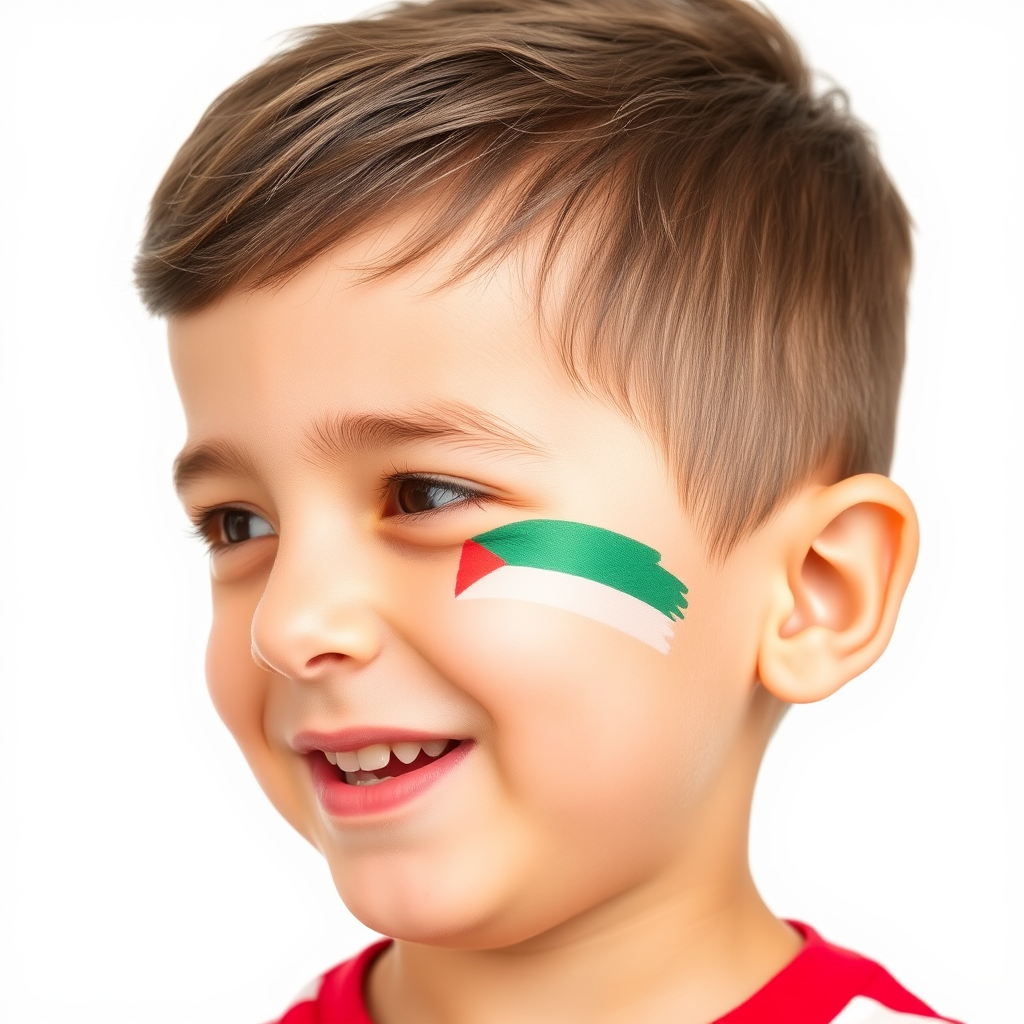 A Palestinian Boy Smiling with Flag on Cheek.