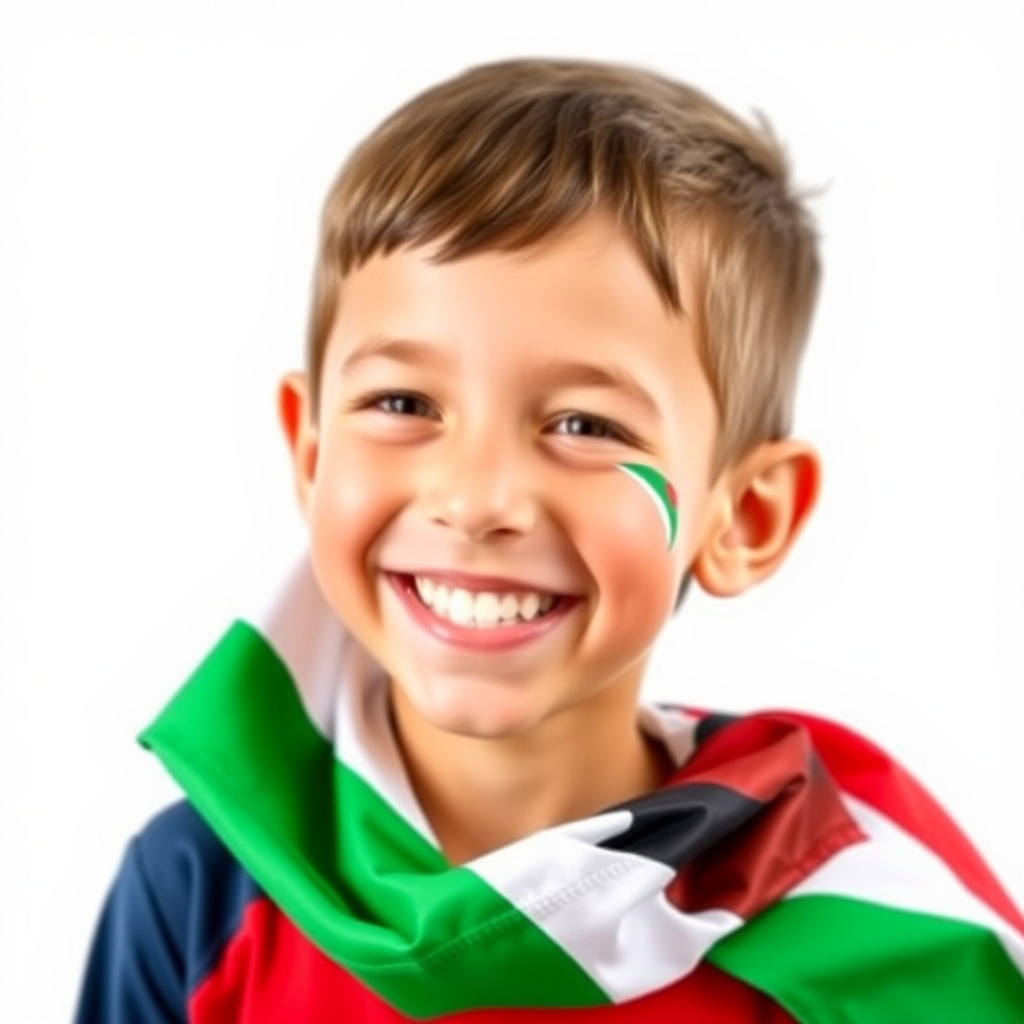 A Palestinian boy smiling with flag on cheek