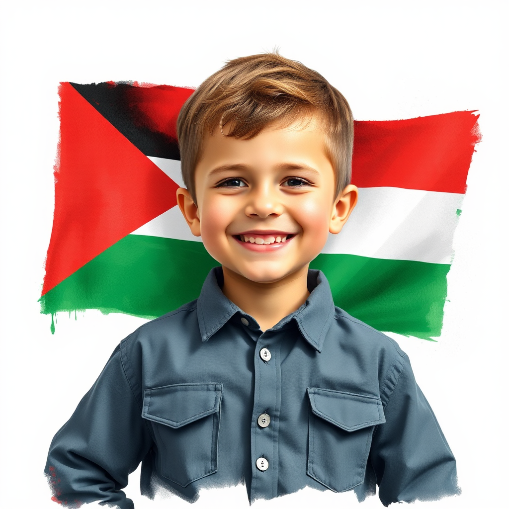 A Palestinian boy smiling with flag painting.