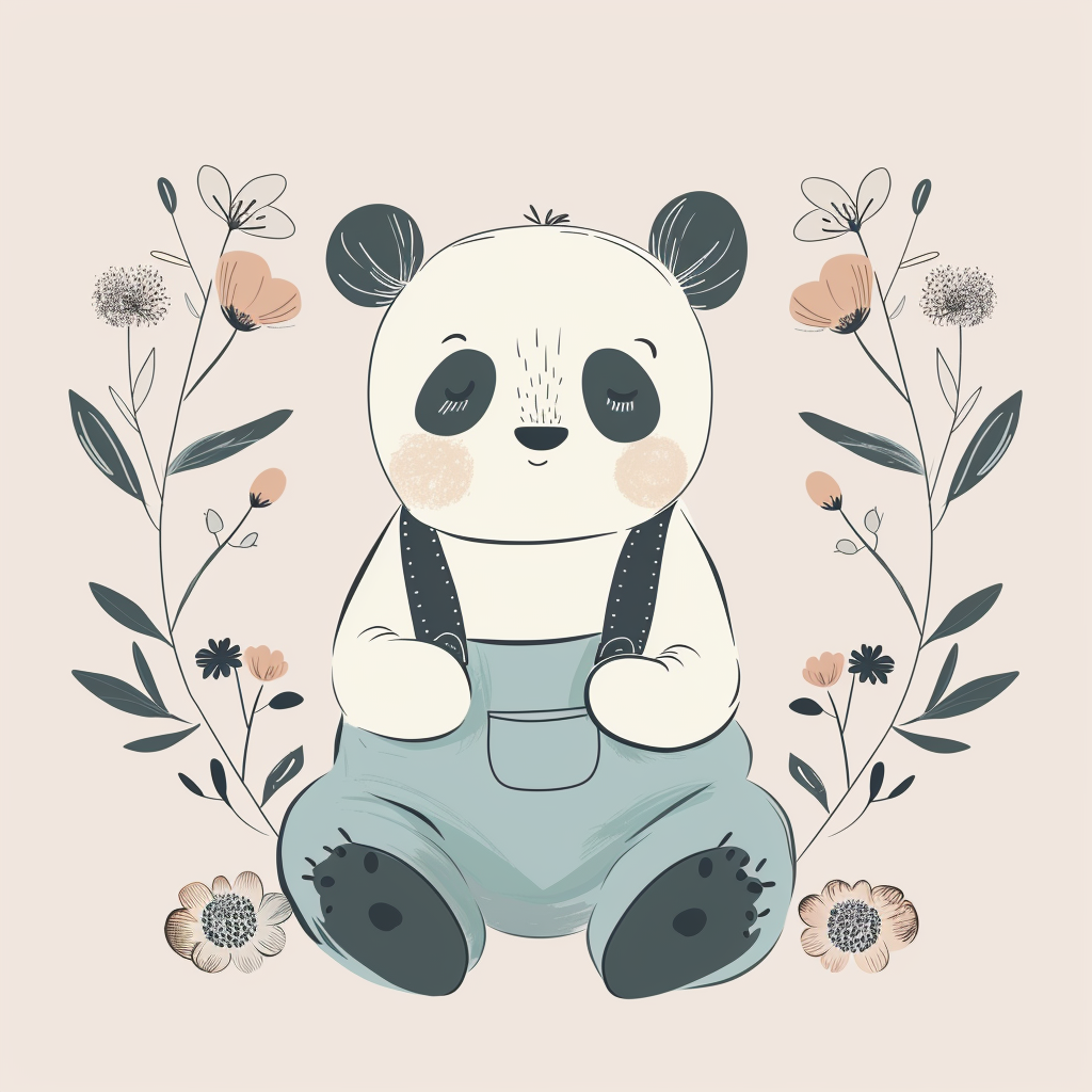 A Panda in Blue Overalls Surrounded by Flowers