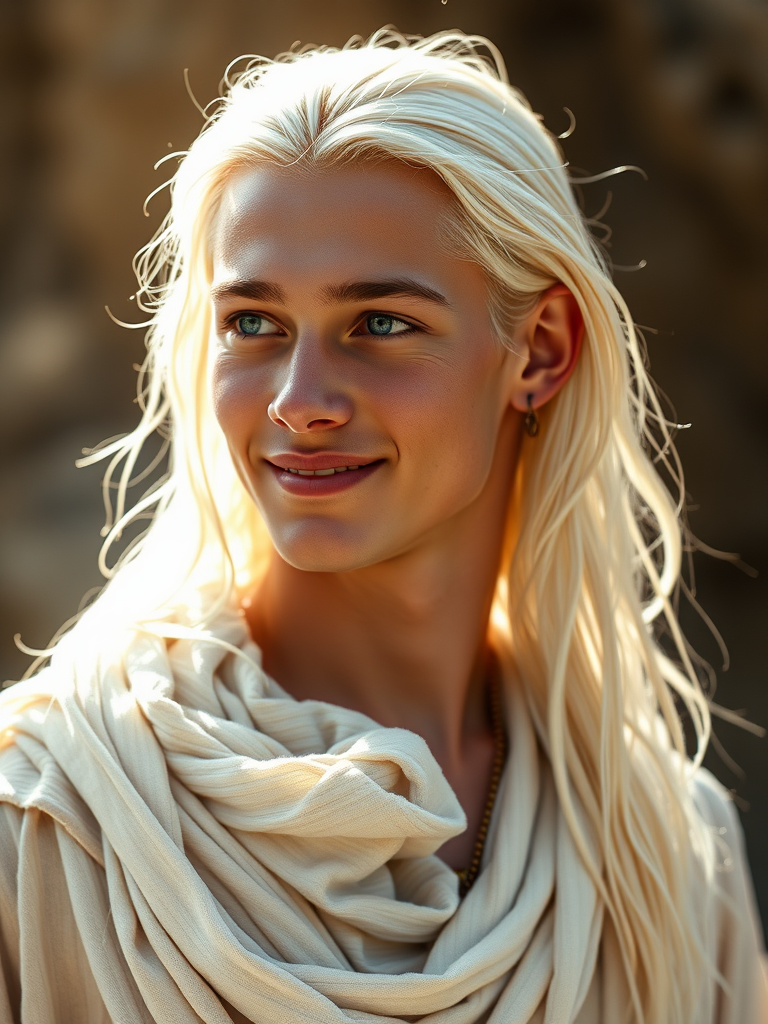 A Peaceful, Platinum-Blonde Man Glowing in White Tunics