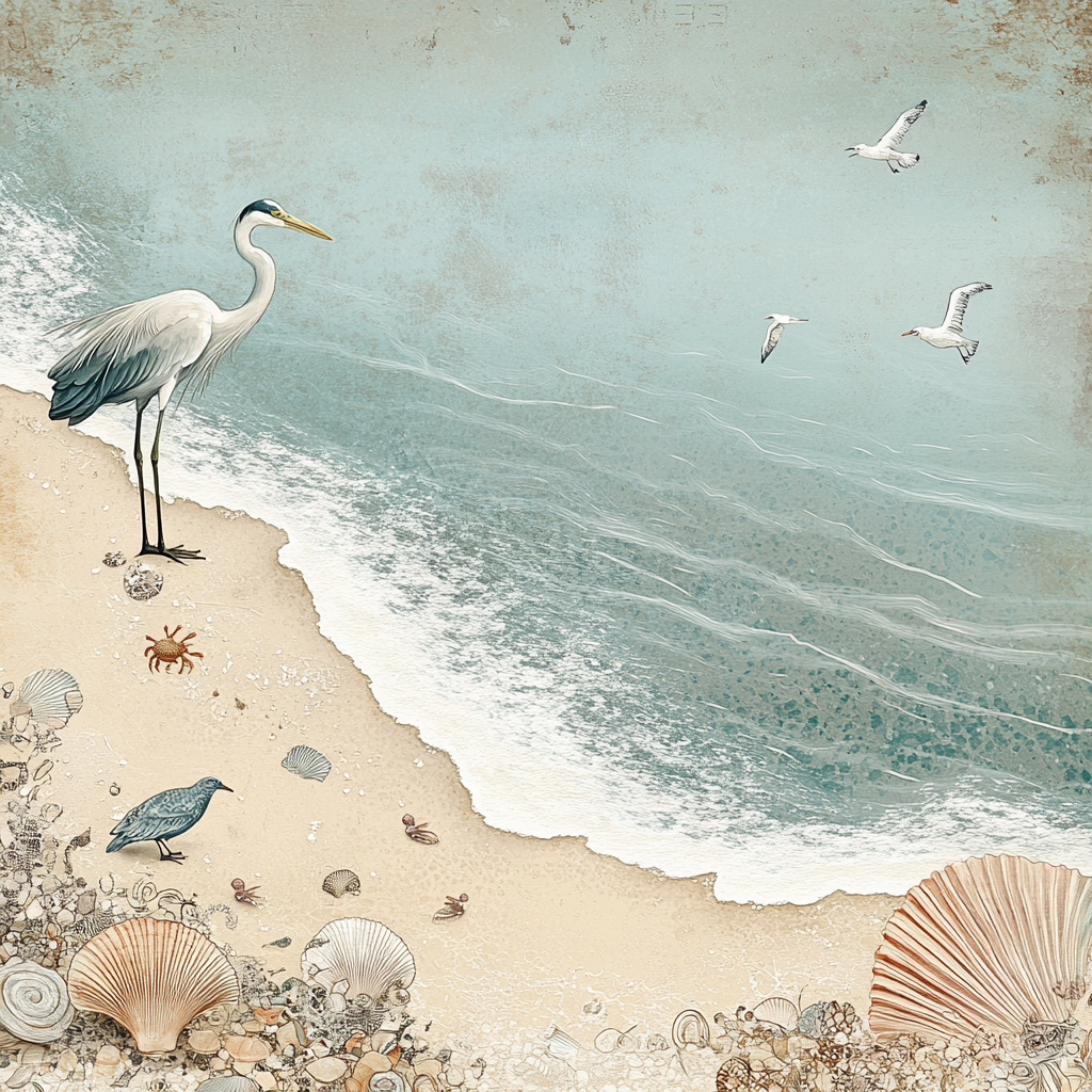 A Peaceful French Coast with Seashells and Birds