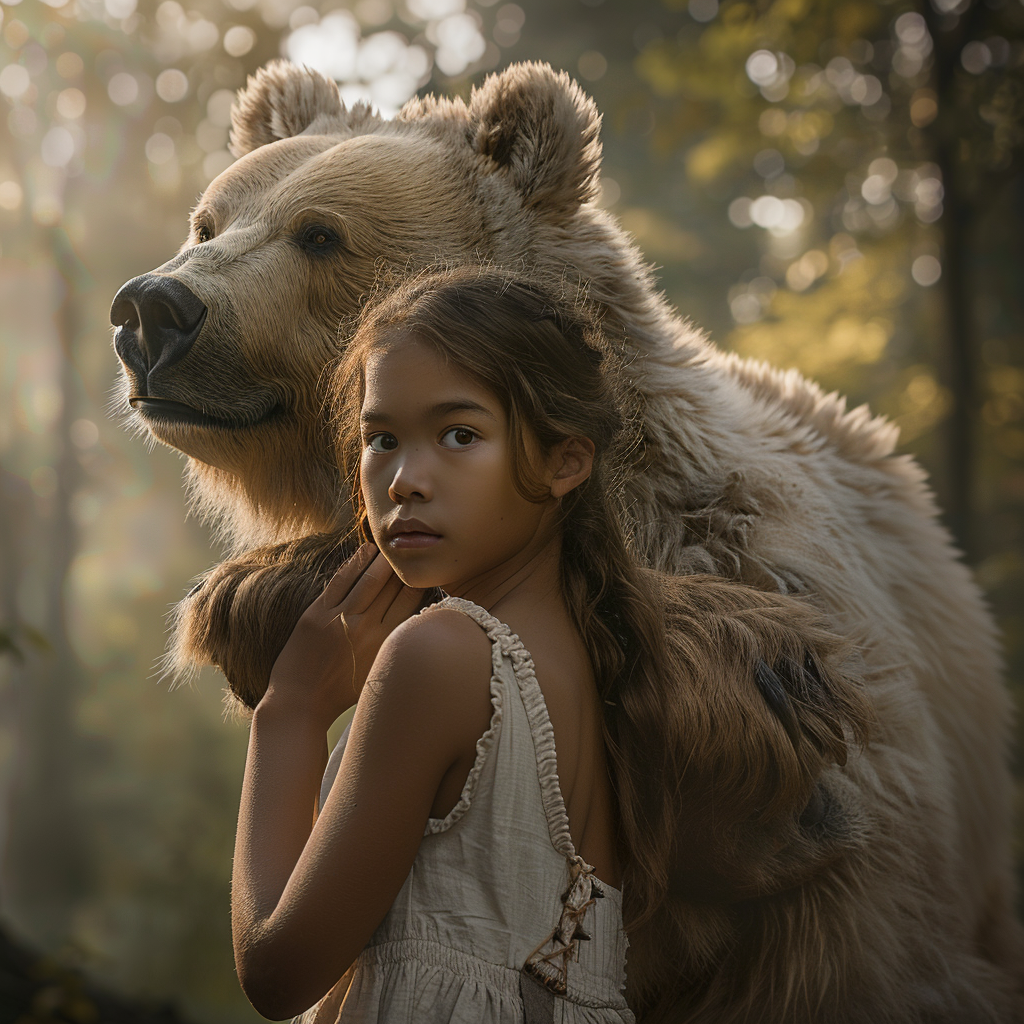 A Peaceful Girl with Gentle Bear in Forest