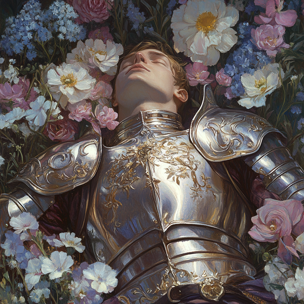 A Peaceful Knight Resting Among Colorful Flowers