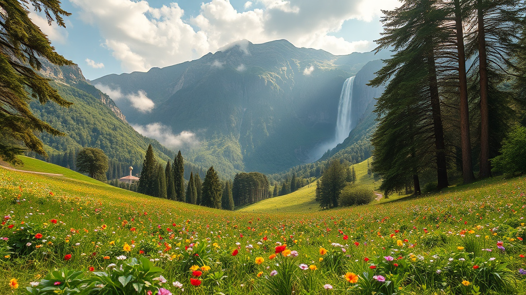 A Peaceful Valley with Colorful Flowers and Waterfall.