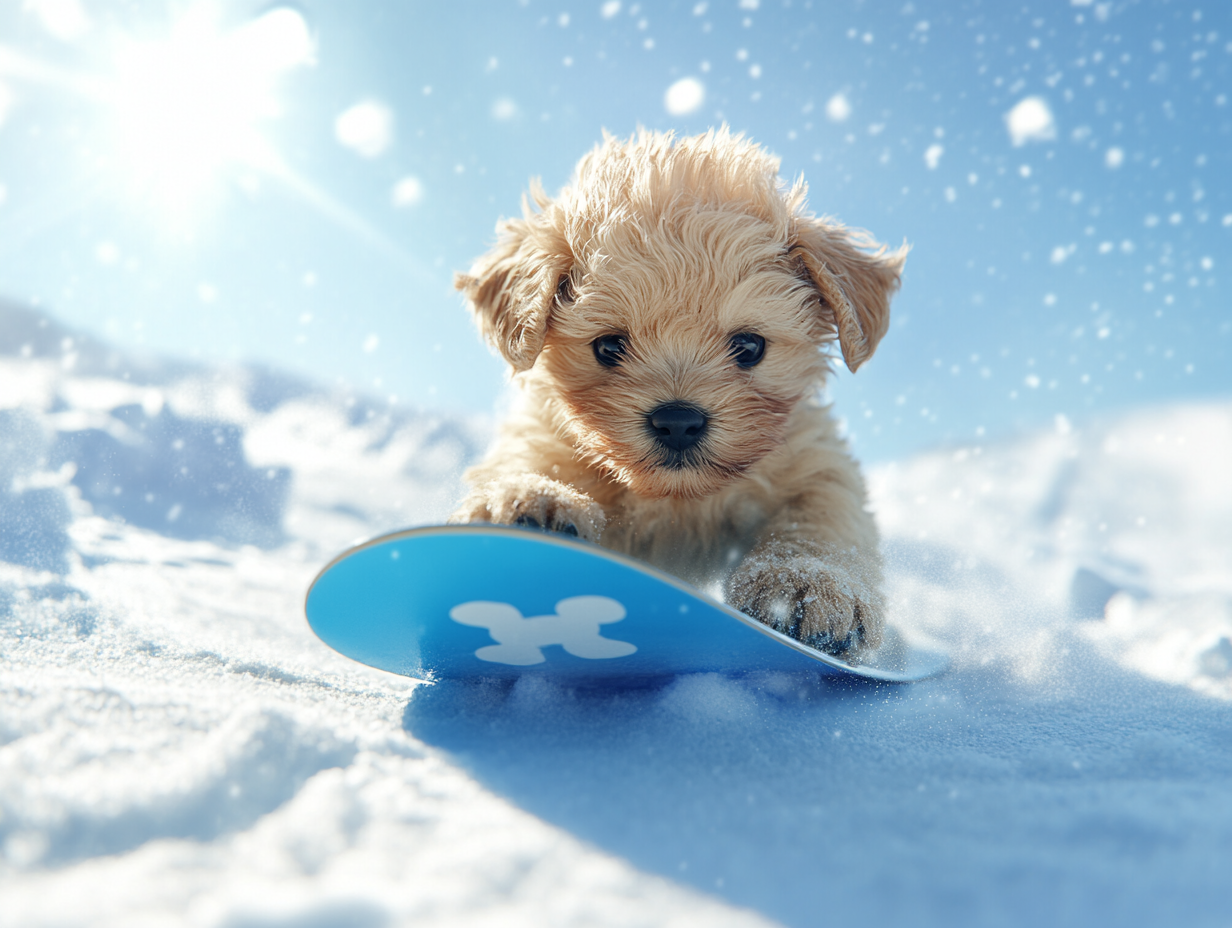 A Pekinesen puppy snowboarding on a sunny day.