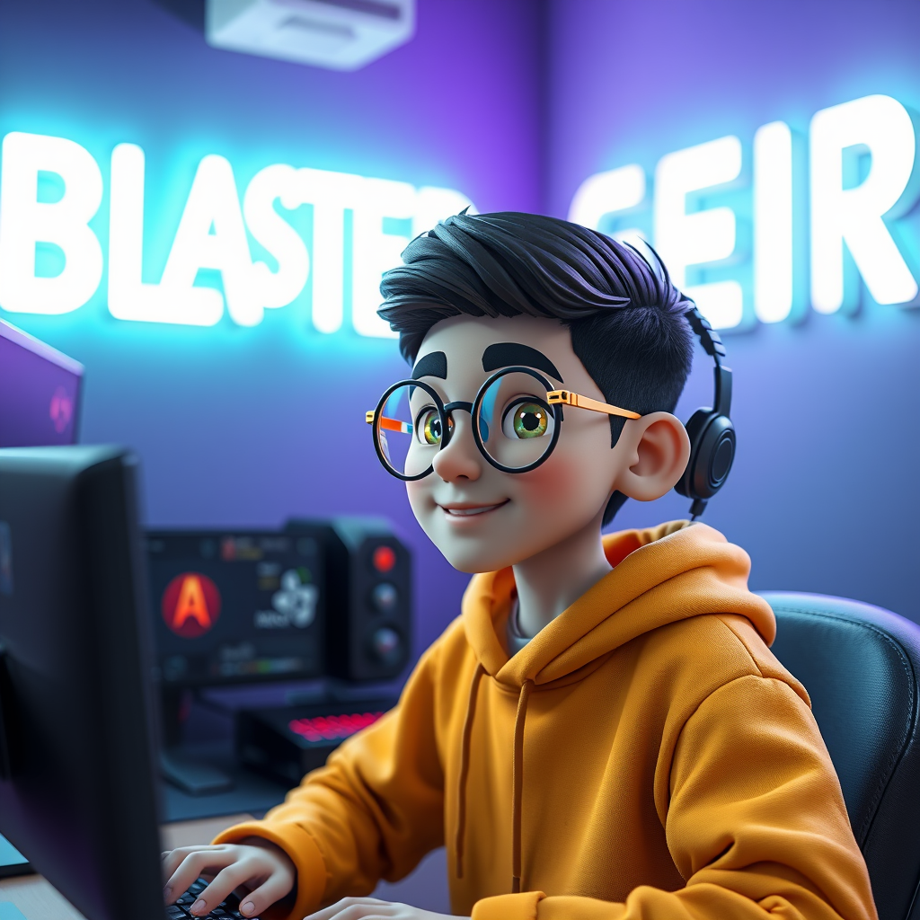 A Persian Boy in Neon-lit Gaming Room