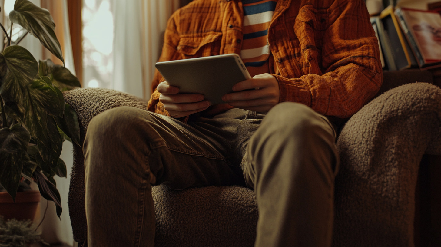 A Person Reading on Tablet in Cozy Room