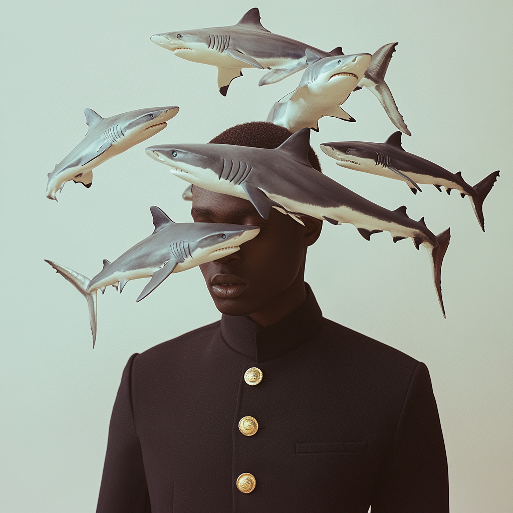 A Person in Uniform Surrounded by Toy Sharks