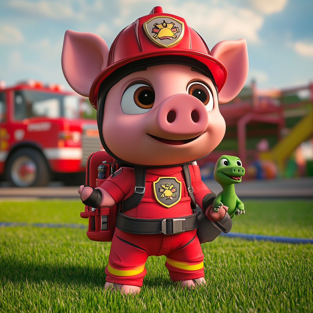 A Pig Firefighter Ready for Rescue Adventure