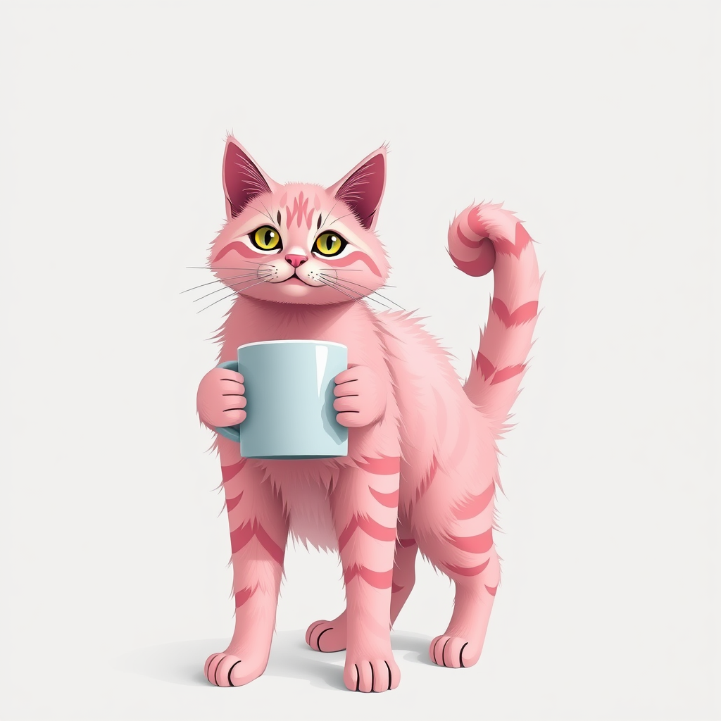 A Pink Cat Standing with Coffee Mug
