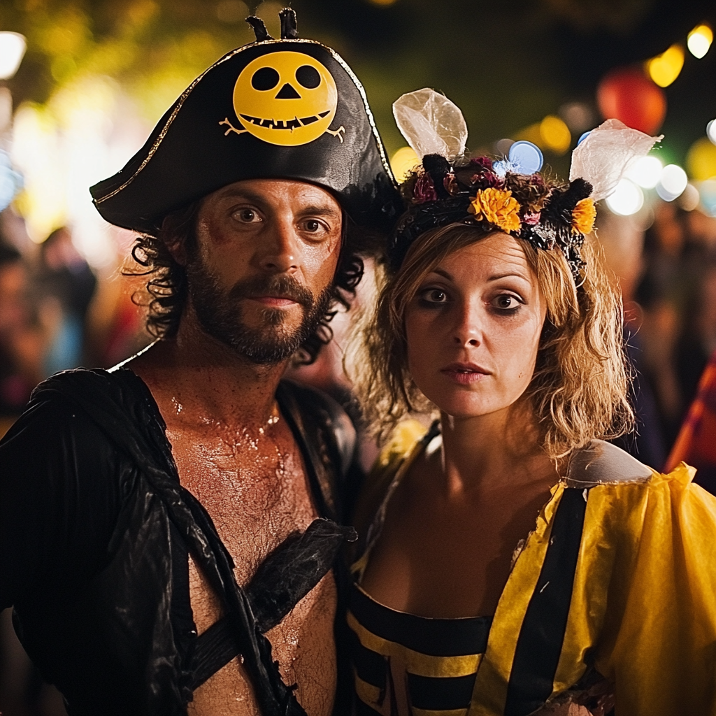 A Pirate and Bee stumble among Halloween crowd