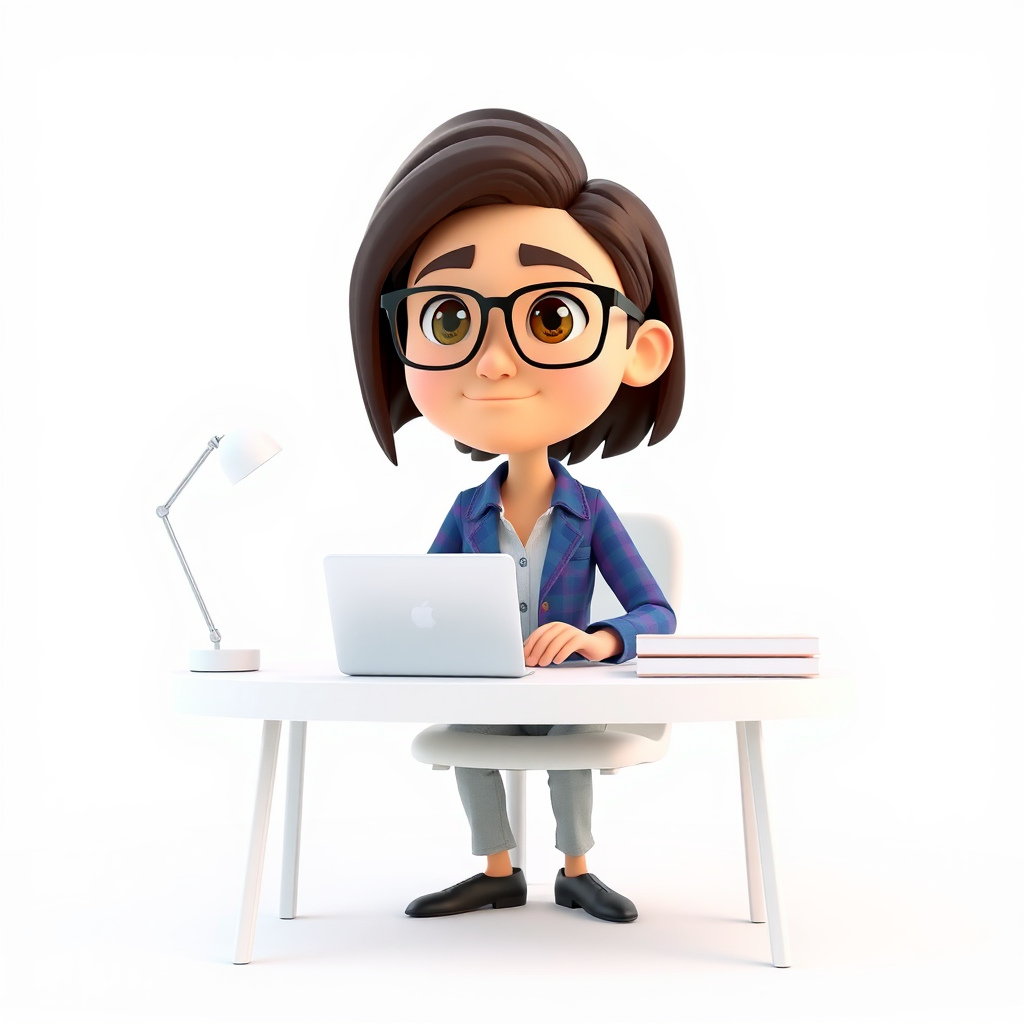 A Pixar-style consultant sitting at a desk.