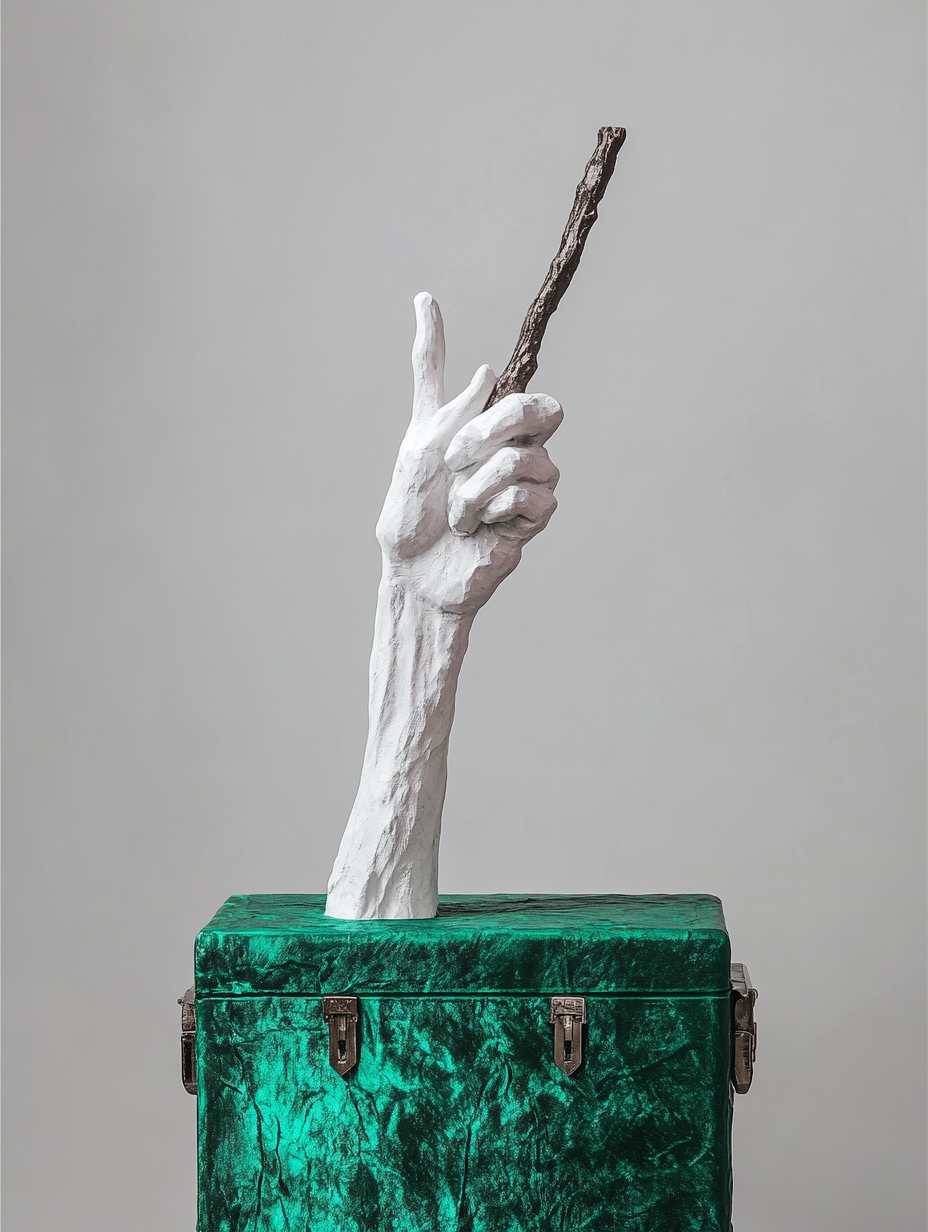 A Plaster Hand Climbing Out of Emerald Suitcase