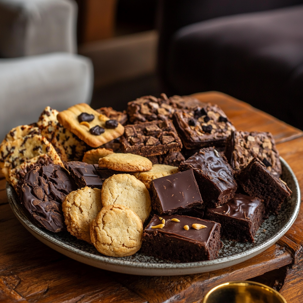 A Plate of Homemade Cookies, Brownies, Chocolates