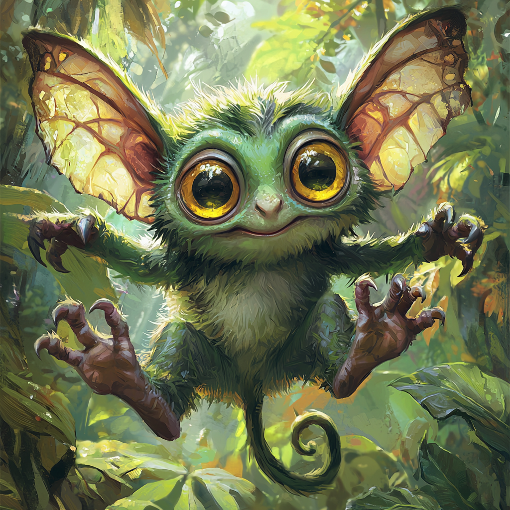 A Playful Green Creature in a Vibrant Forest