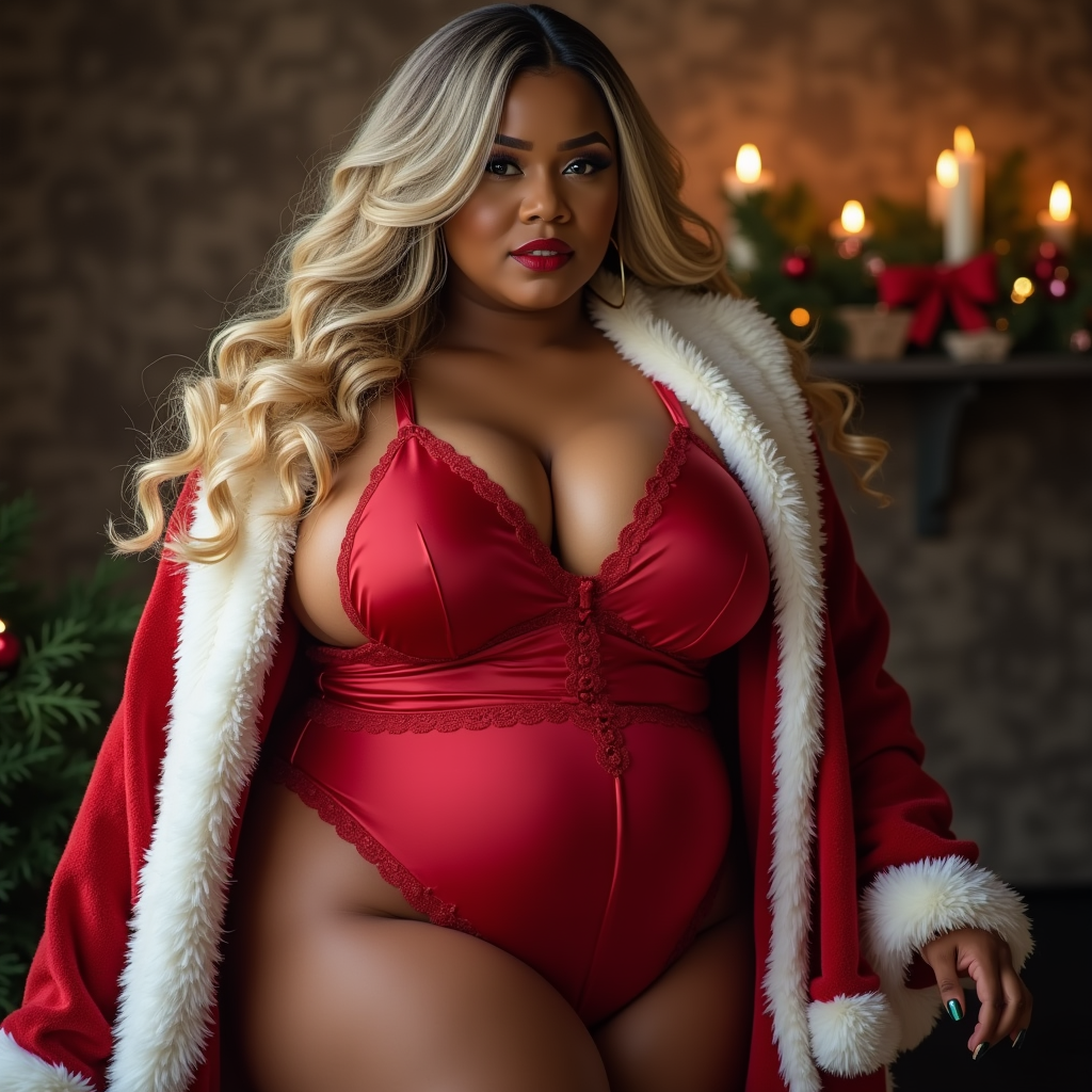 A Plus-Size Woman in Christmas-themed Lingerie