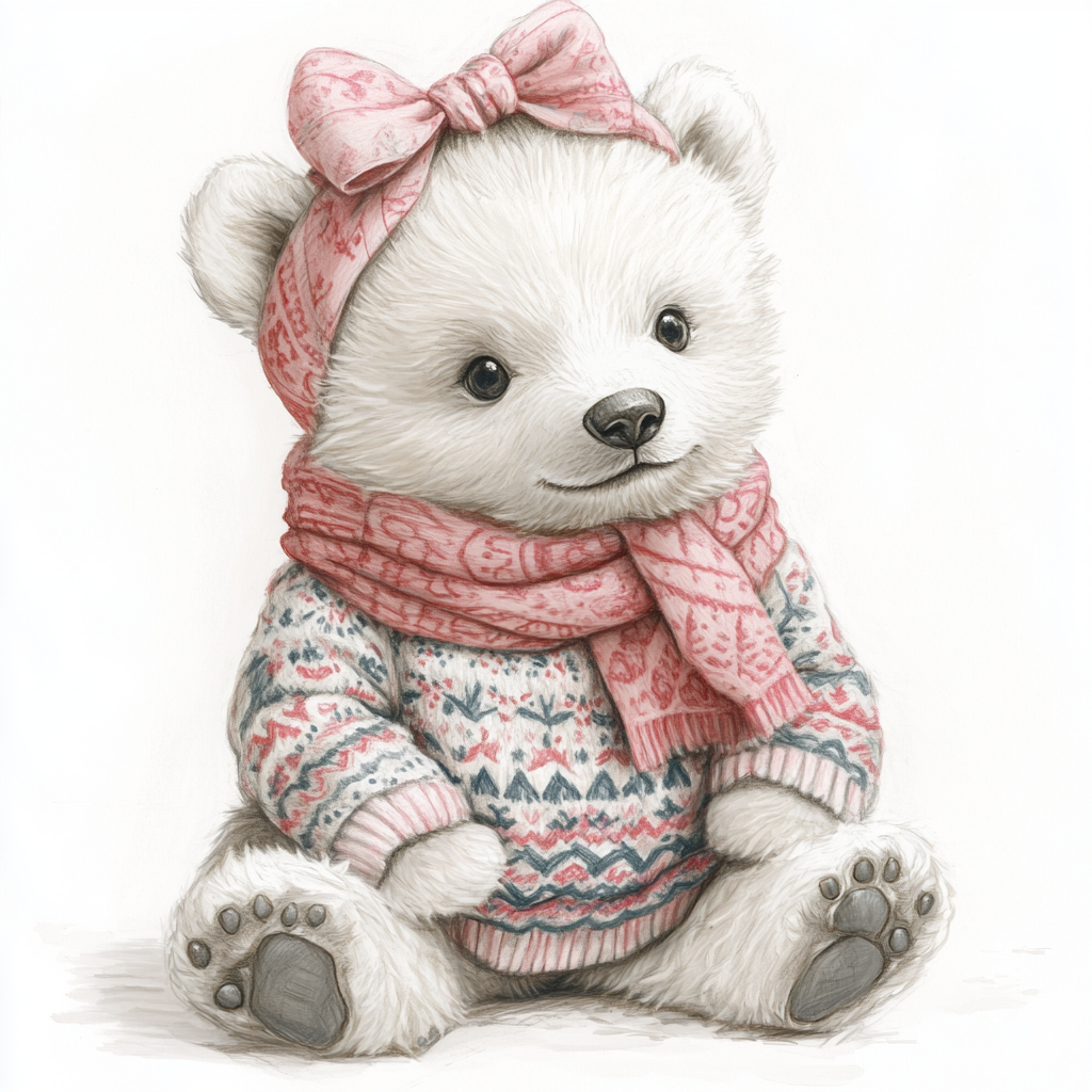 A Polar Bear Cub in Festive Attire Illustration