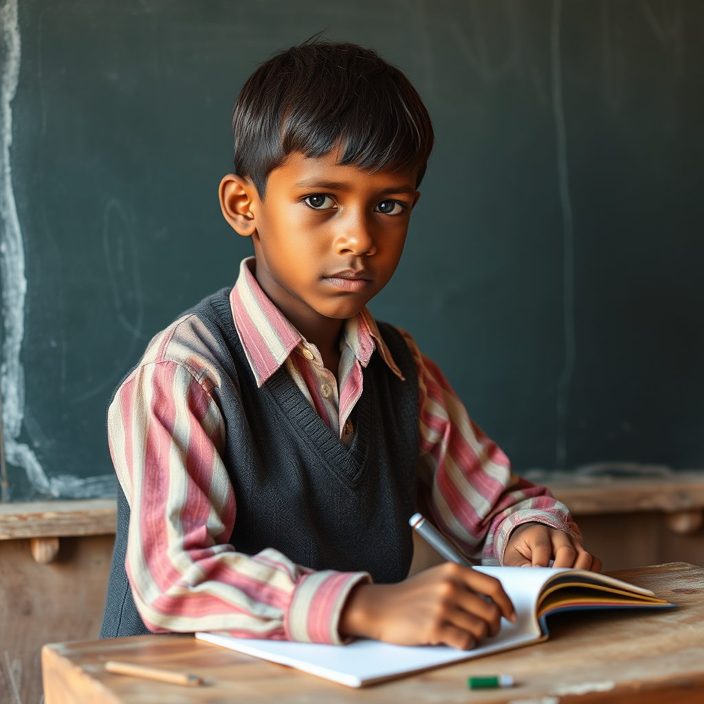 A Poor Boy Teaching at the Blackboard