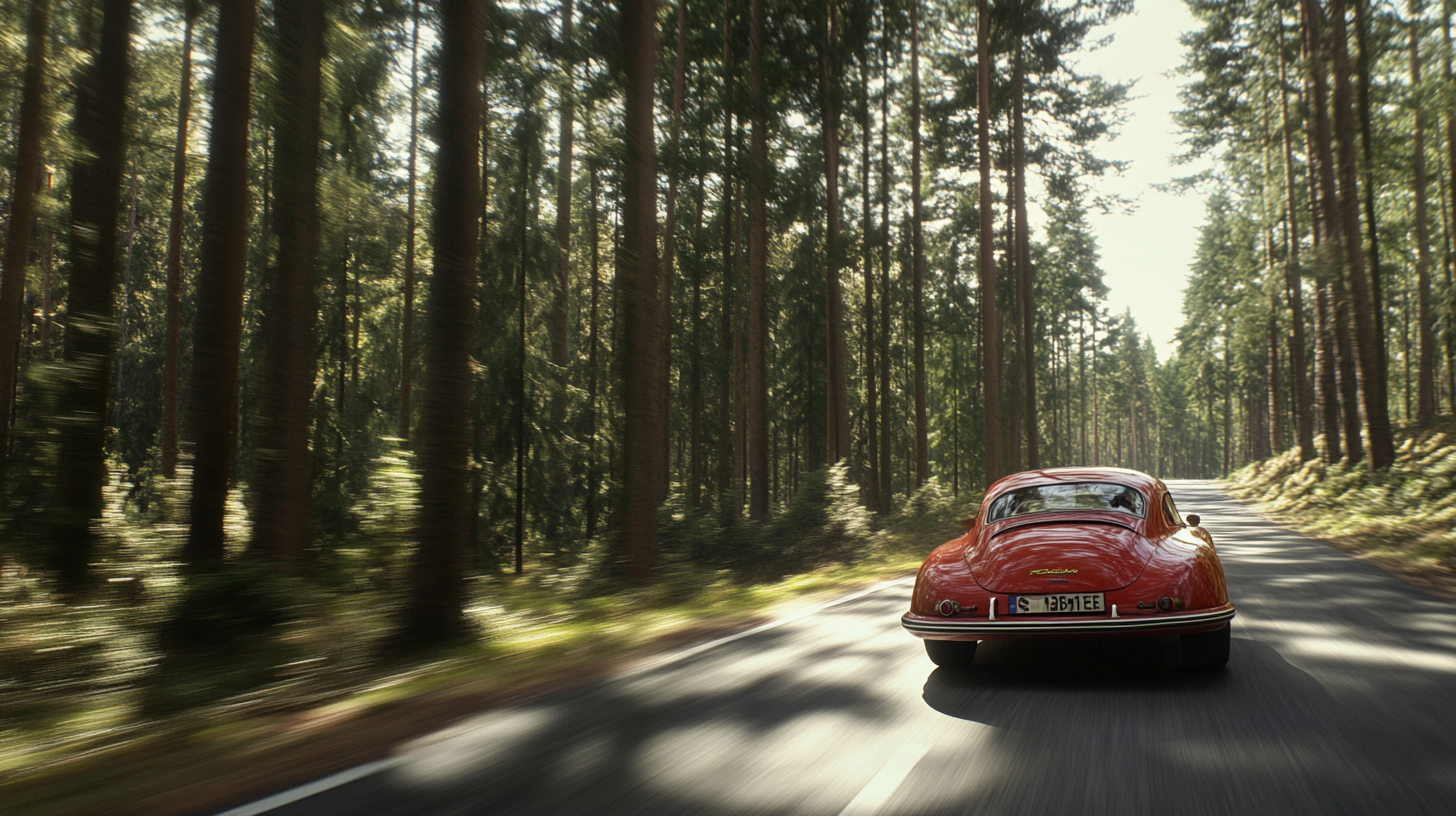 A Porsche 356 Speeding Through a Spring Forest