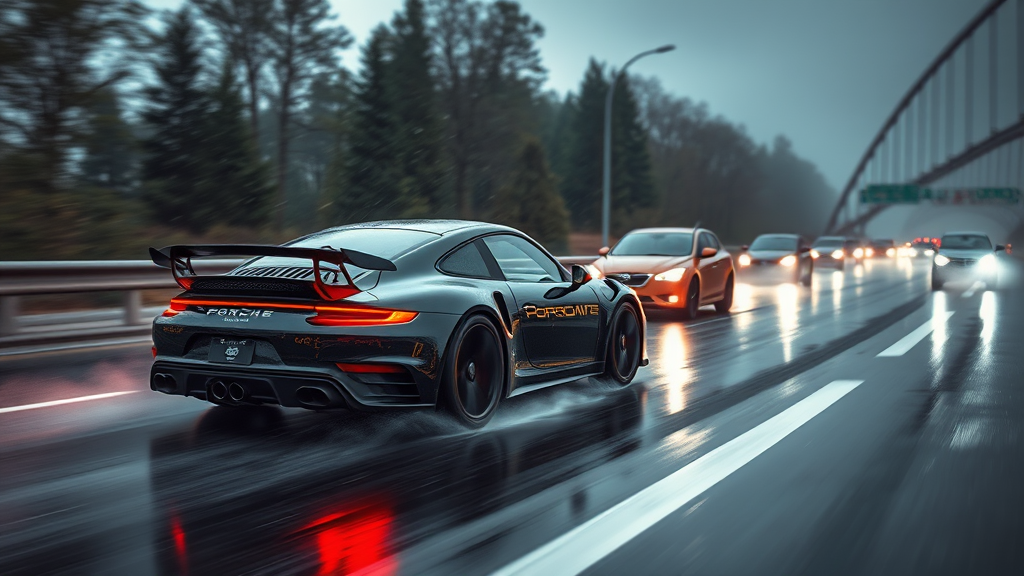A Porsche 911 Drifting in Rainy Traffic