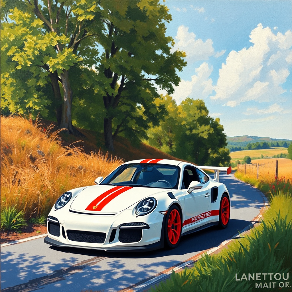 A Porsche 911 GT3 RS cruising down country road.