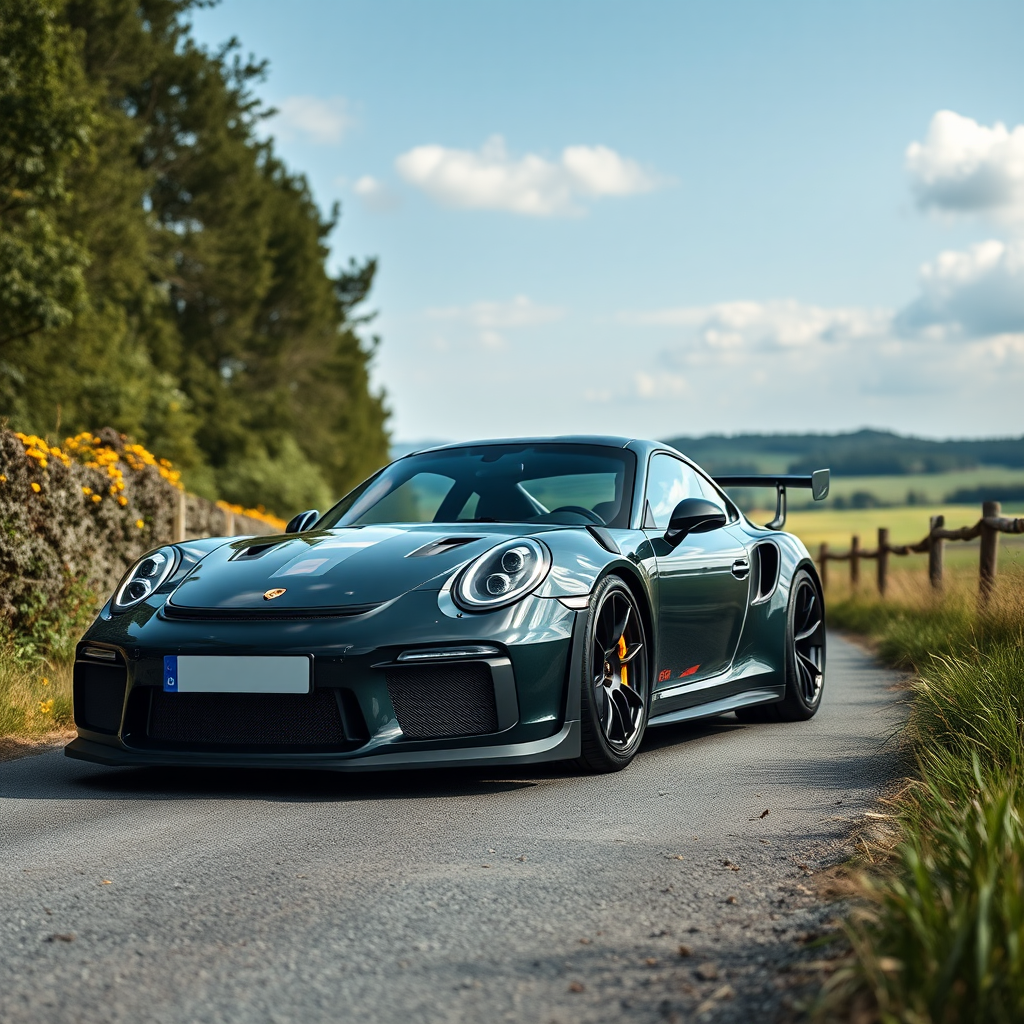 A Porsche 911 GT3 RS drives on country road.